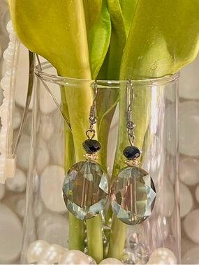 Faceted Teal-Green Glass Drop Earrings with Black Bead